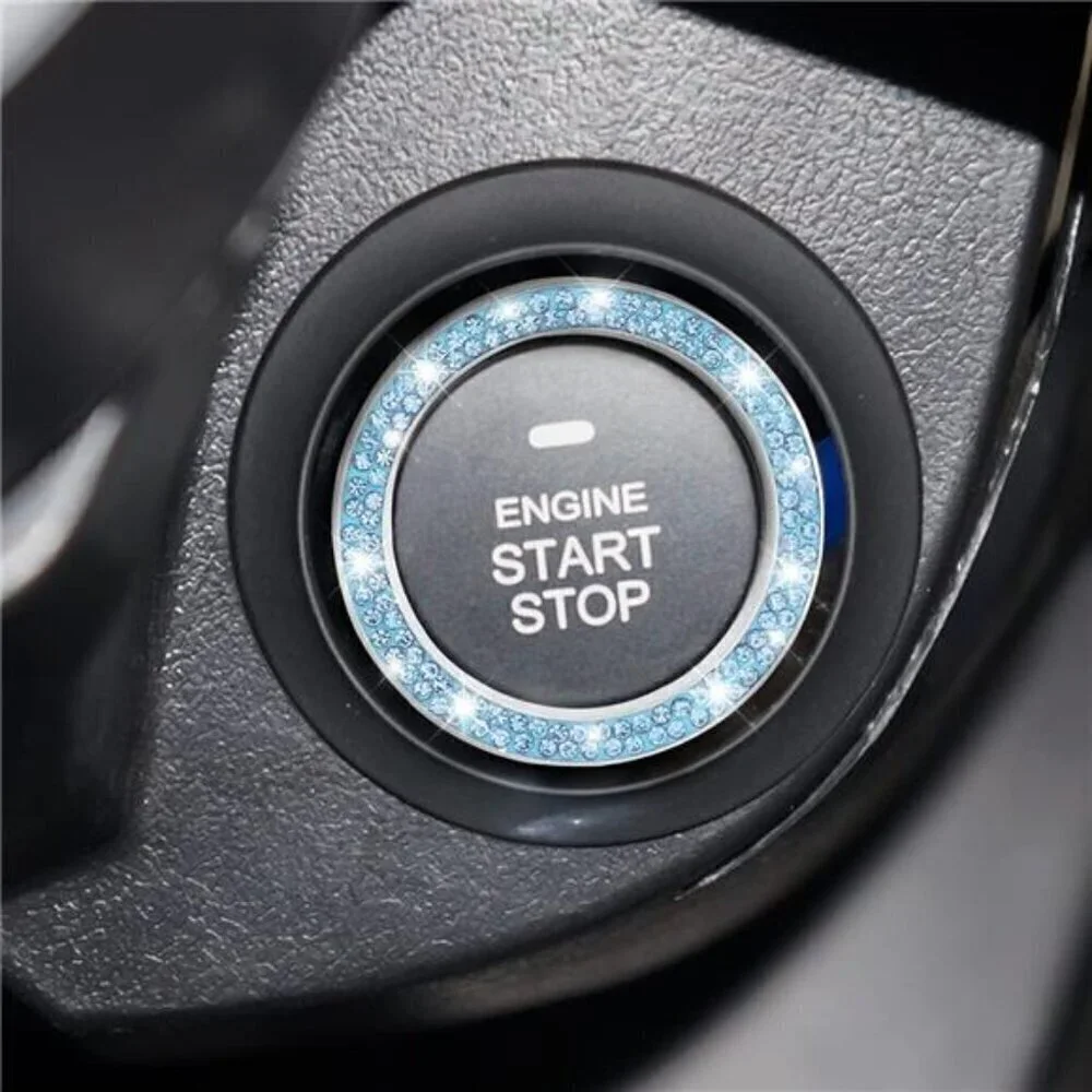 Car Start Button Bling Rhinestone Diamond Engine Button Ring 2-Pack Blue - Picture 6 of 8